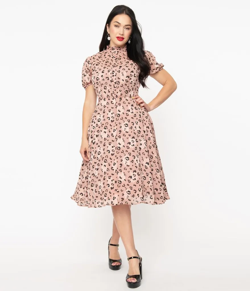 Unique Vintage Pink & Leopard Print Leota Swing Dress