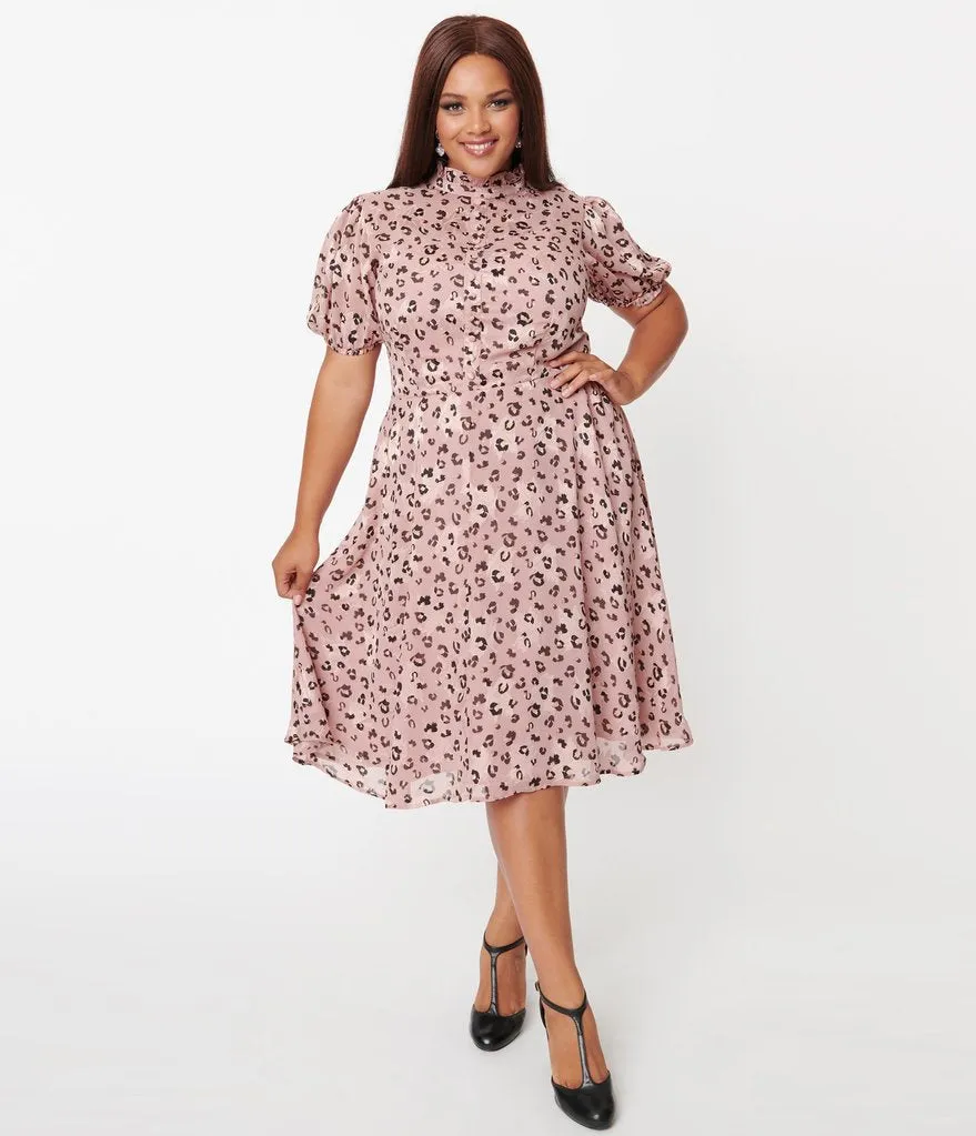 Unique Vintage Pink & Leopard Print Leota Swing Dress