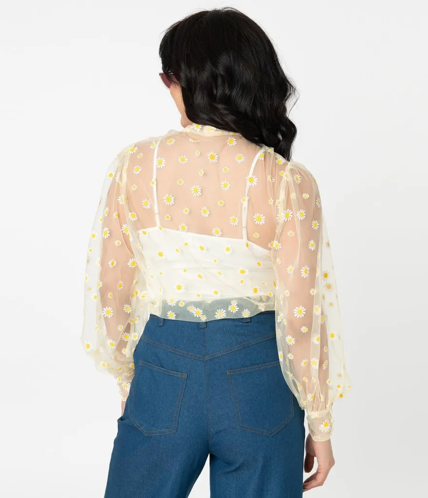 Unique Vintage Yellow & White Daisy Print Sheer Gwen Blouse (S ONLY)