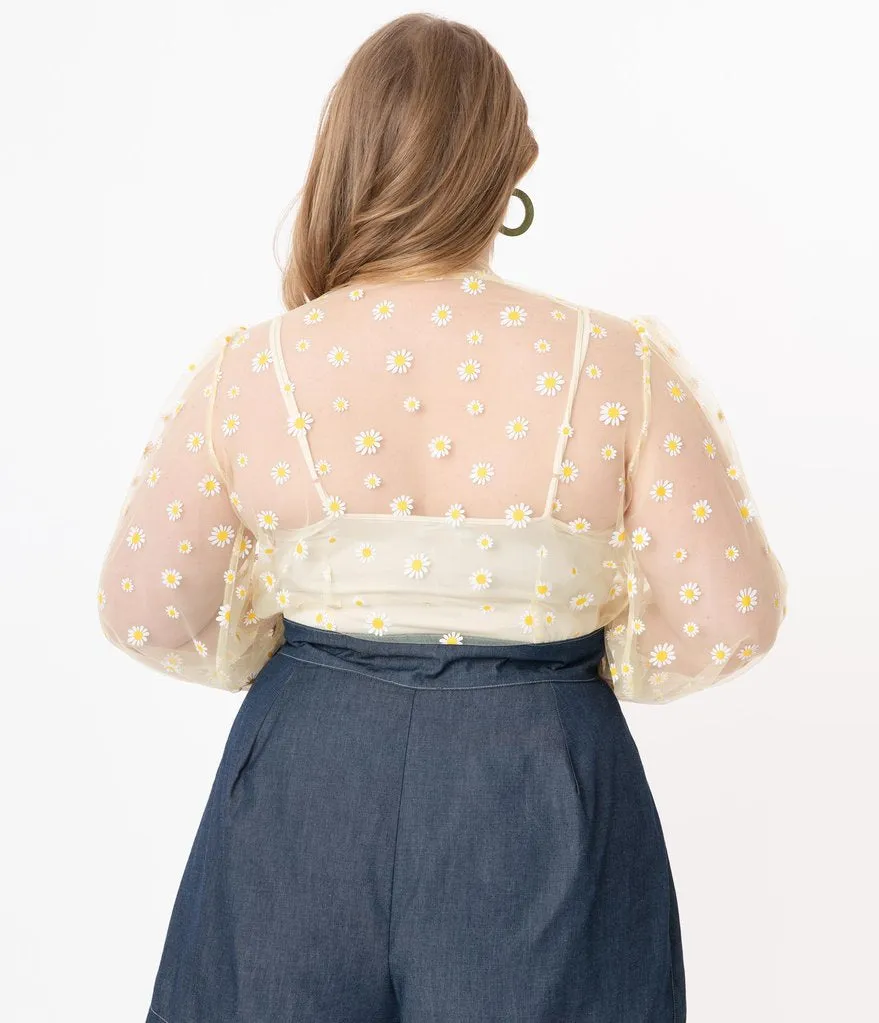 Unique Vintage Yellow & White Daisy Print Sheer Gwen Blouse (S ONLY)