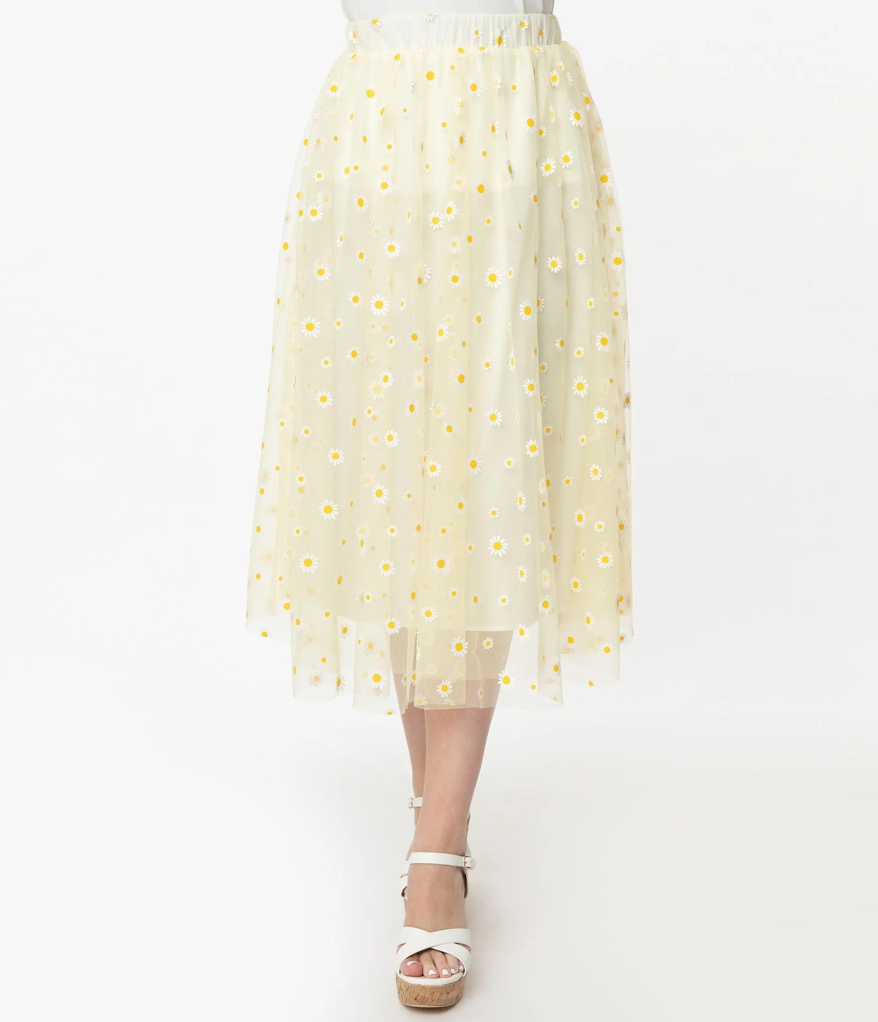 Unique Vintage Yellow & White Daisy Print Tulle Hilty Skirt