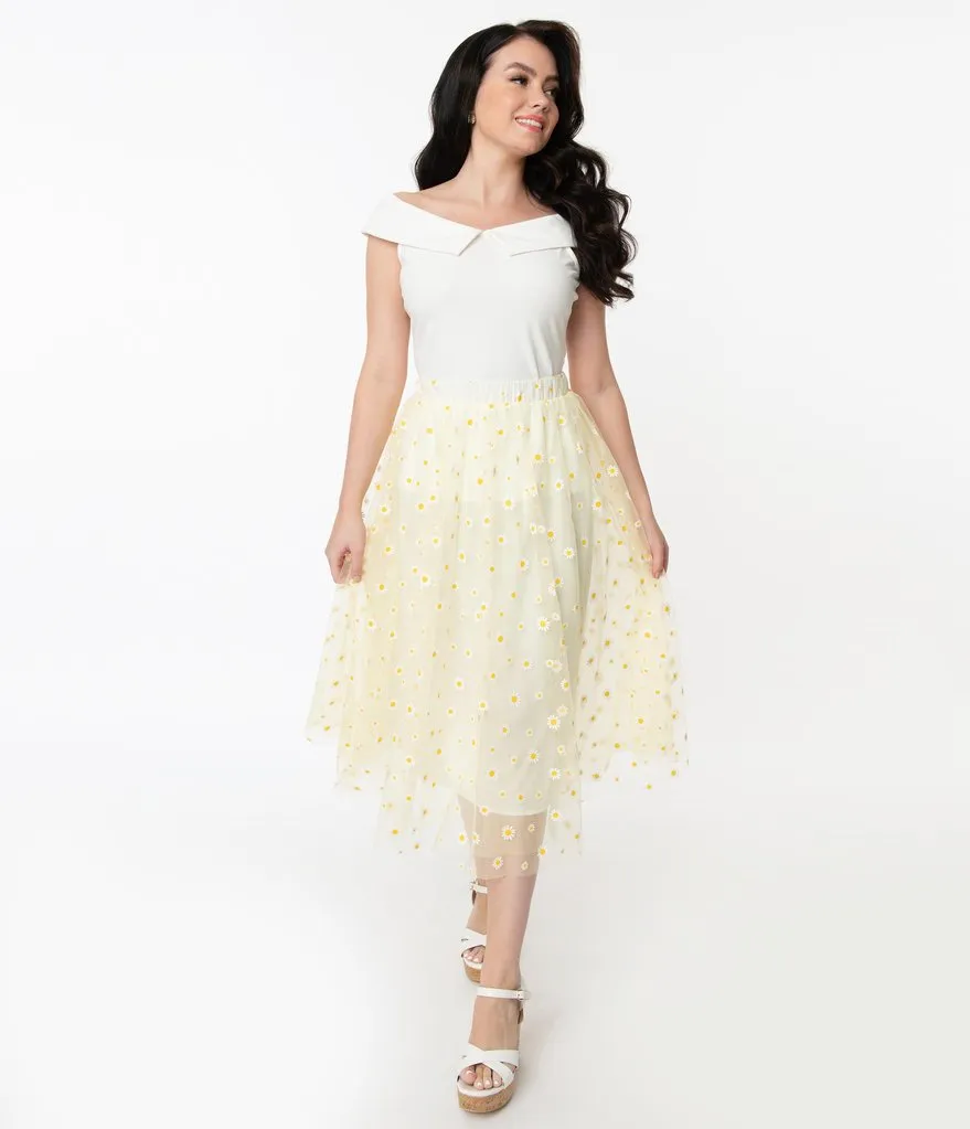 Unique Vintage Yellow & White Daisy Print Tulle Hilty Skirt