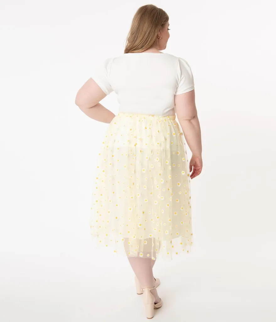 Unique Vintage Yellow & White Daisy Print Tulle Hilty Skirt