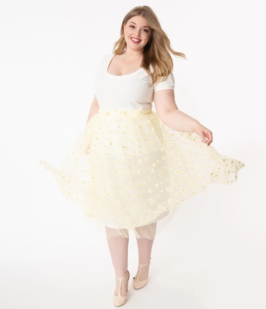 Unique Vintage Yellow & White Daisy Print Tulle Hilty Skirt