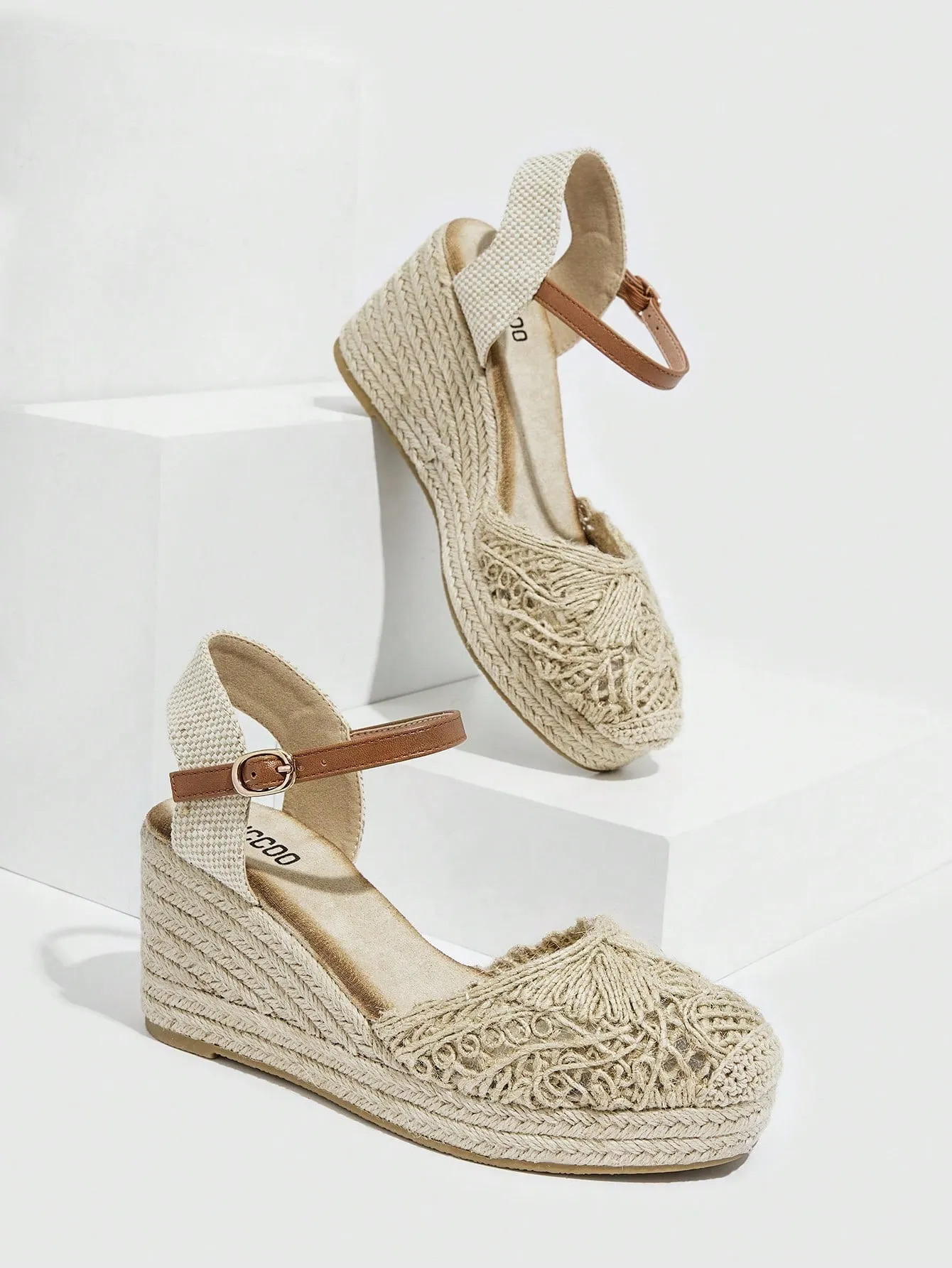 Vacation Ankle Strap Court Wedges For Women, Knit Detail Espadrille Wedge Shoes