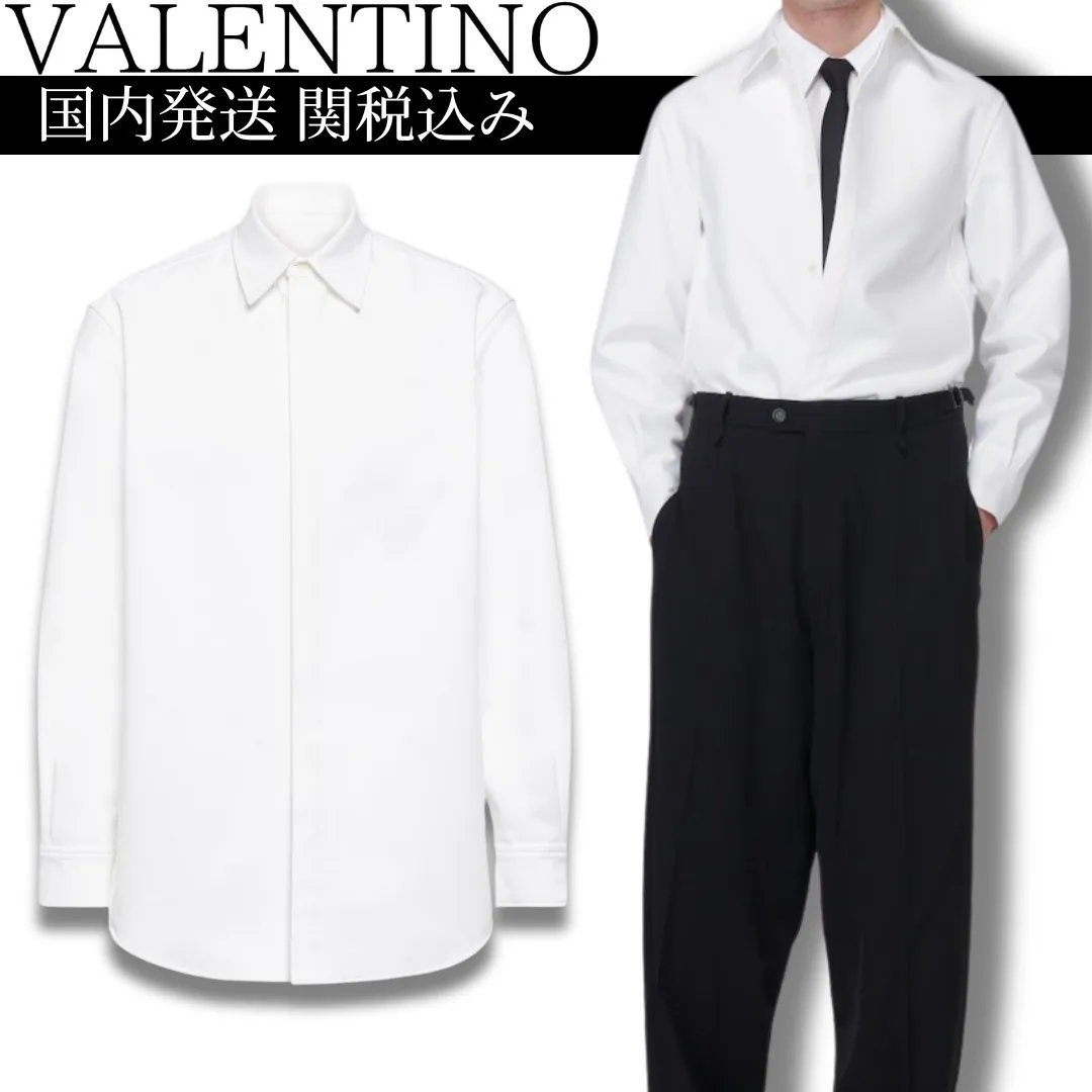 VALENTINO  |Street Style Long Sleeves Plain Cotton Front Button Luxury