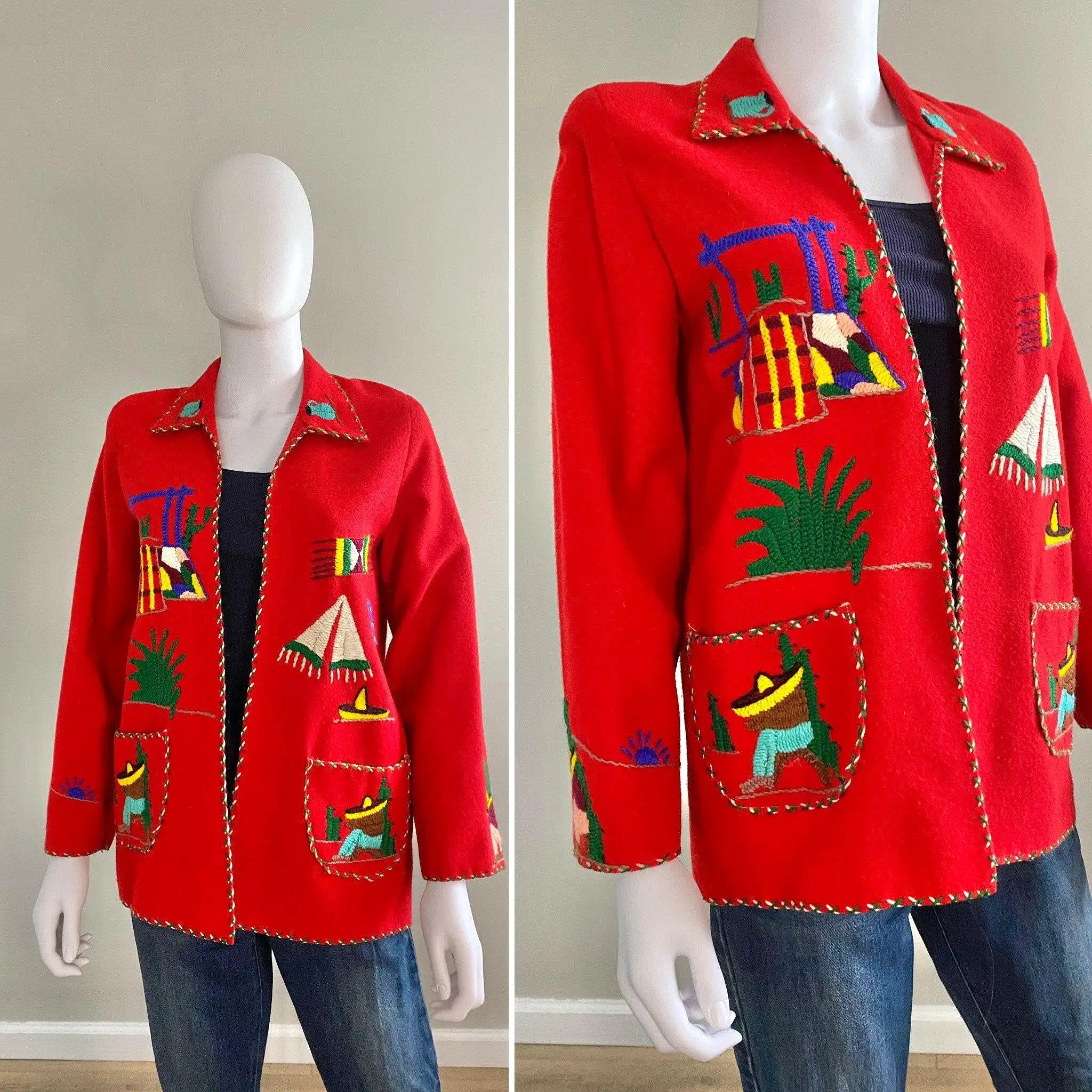 Vintage 1950s Red Mexican Souvenir Jacket / 50s red novelty print coat / 1950s red blazer / Size S