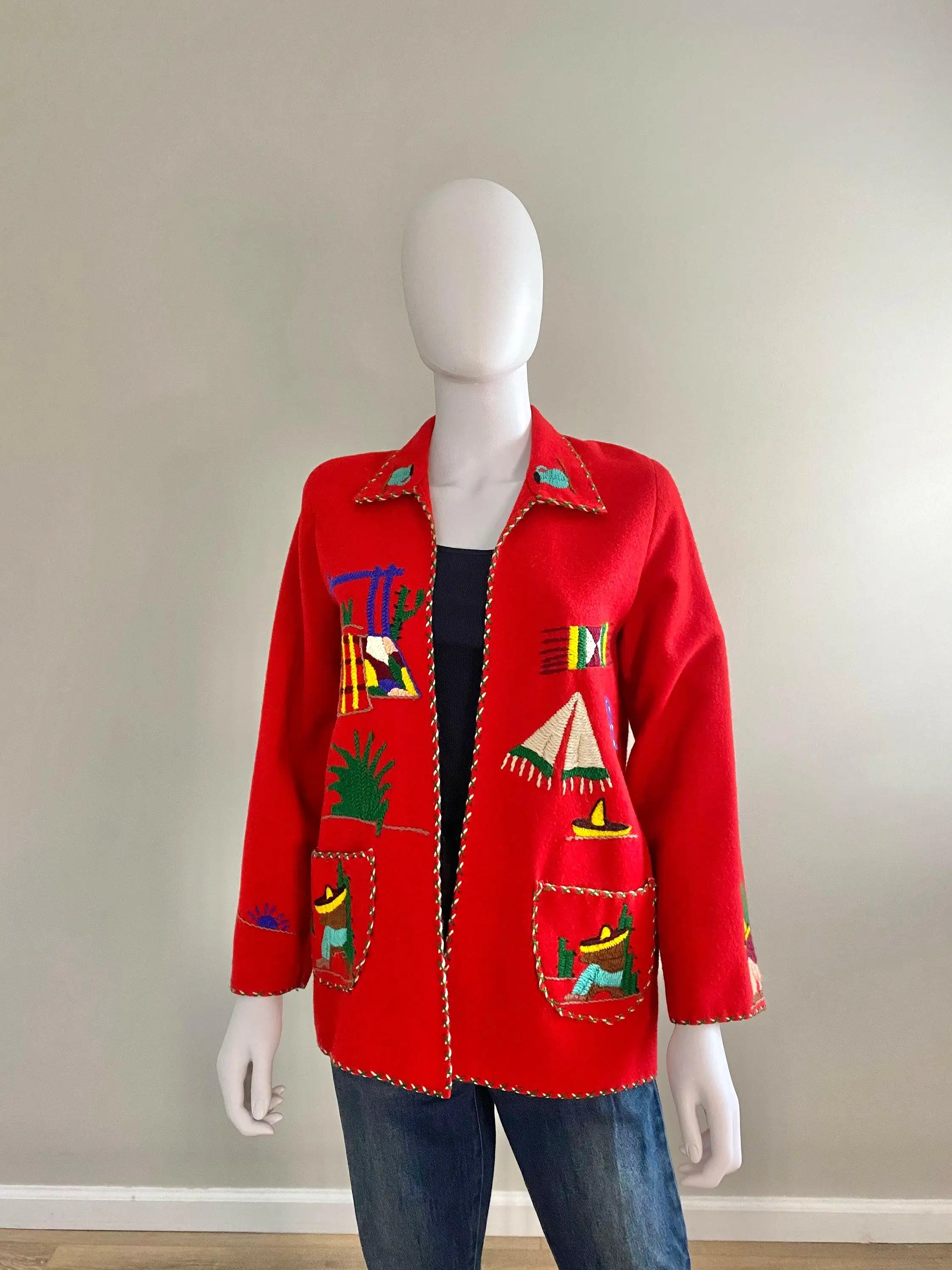 Vintage 1950s Red Mexican Souvenir Jacket / 50s red novelty print coat / 1950s red blazer / Size S