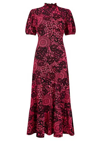 Vintage Lace Print Puff Sleeve High-Neck Jersey Midi Dress by Joe Browns | Look Again