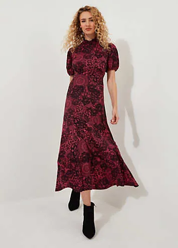 Vintage Lace Print Puff Sleeve High-Neck Jersey Midi Dress by Joe Browns | Look Again