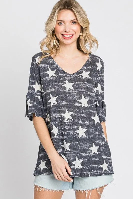 Vintage Star Print V-Neck Top - Ruffled Bell Sleeve Loose Fit Shirt