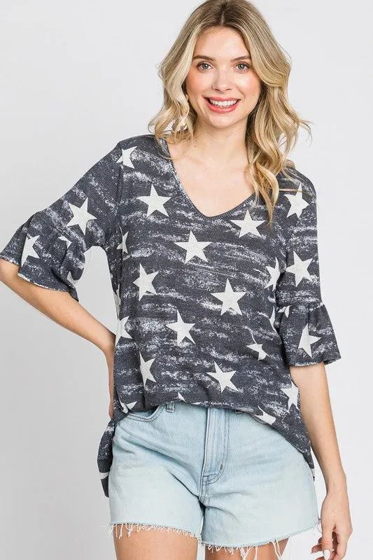 Vintage Star Print V-Neck Top - Ruffled Bell Sleeve Loose Fit Shirt