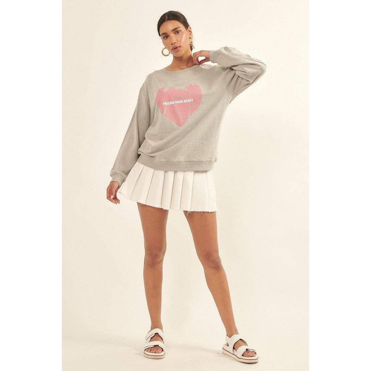 Vintage-style Heart Graphic Print French Terry Knit Sweatshirt