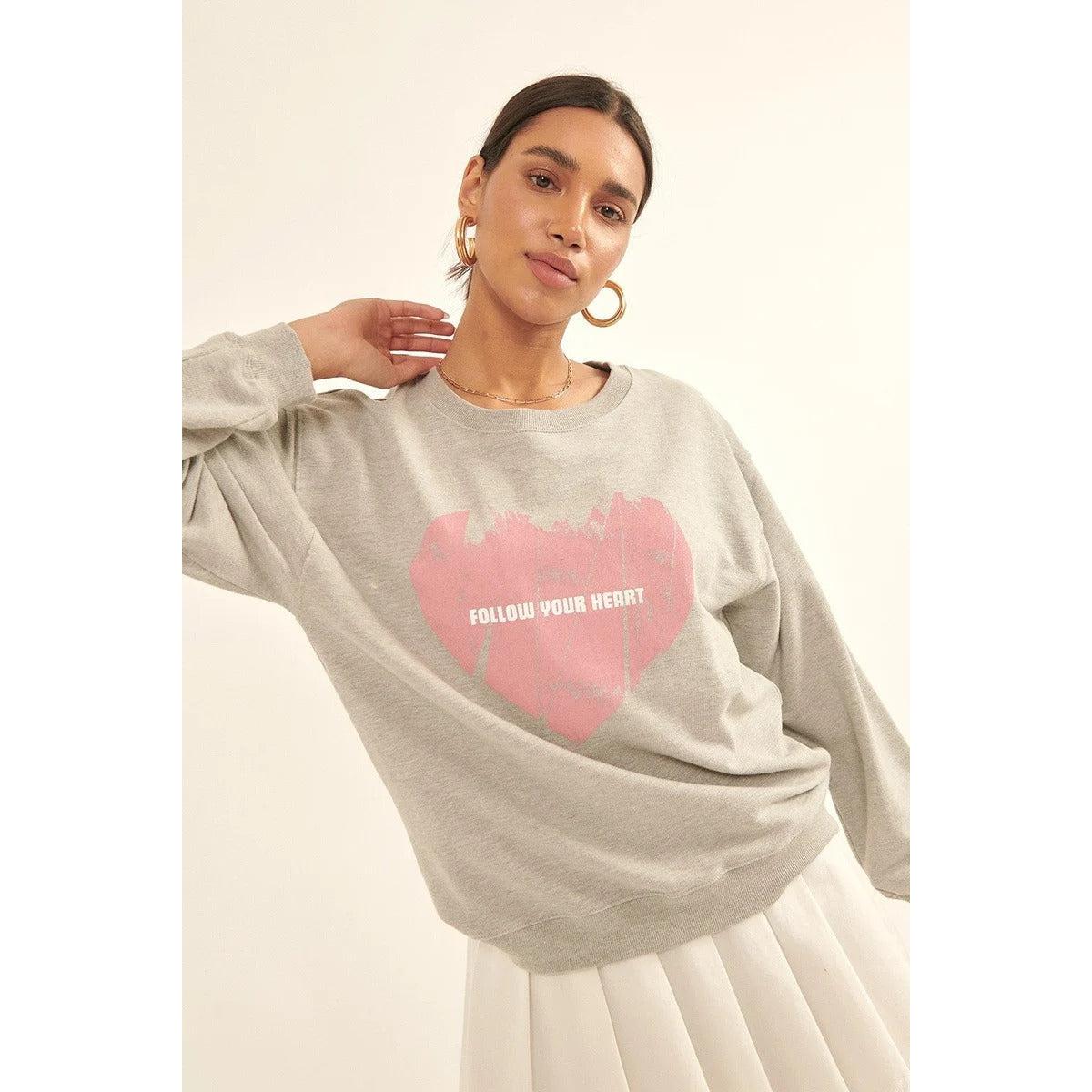 Vintage-style Heart Graphic Print French Terry Knit Sweatshirt