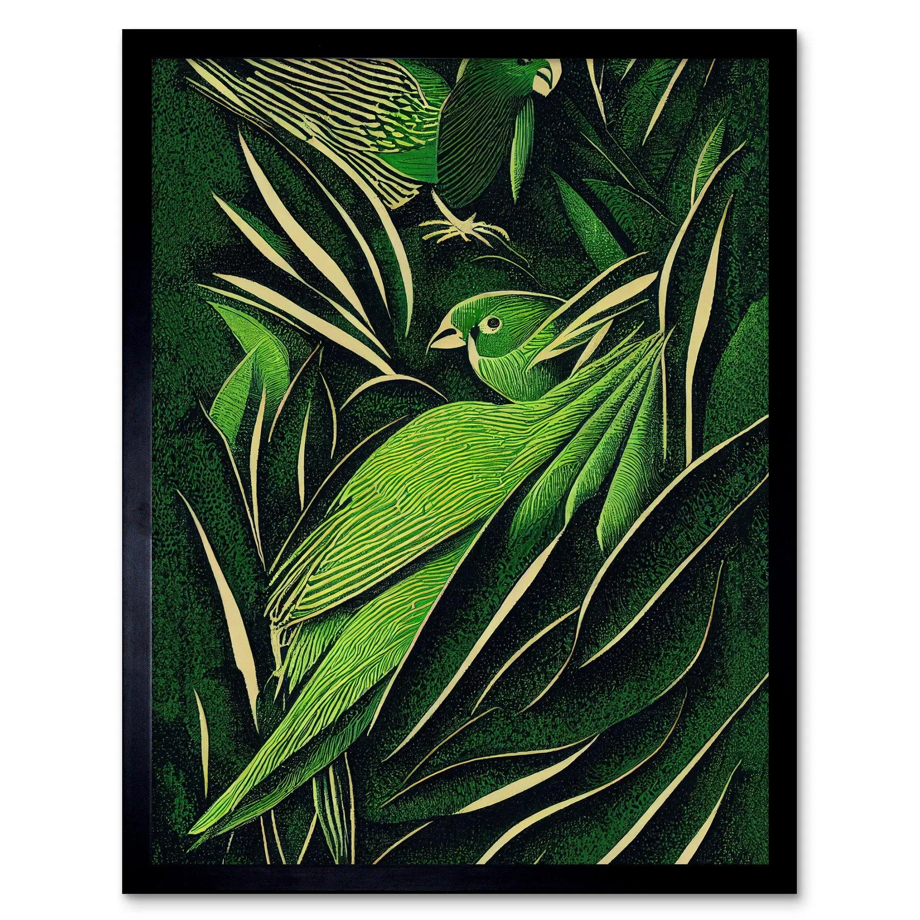 Wall Art & Pictures | Wall Art Print Green Modern Vintage Retro Abstract Jungle Tropical Leaves Parrots Art Framed | Artery8