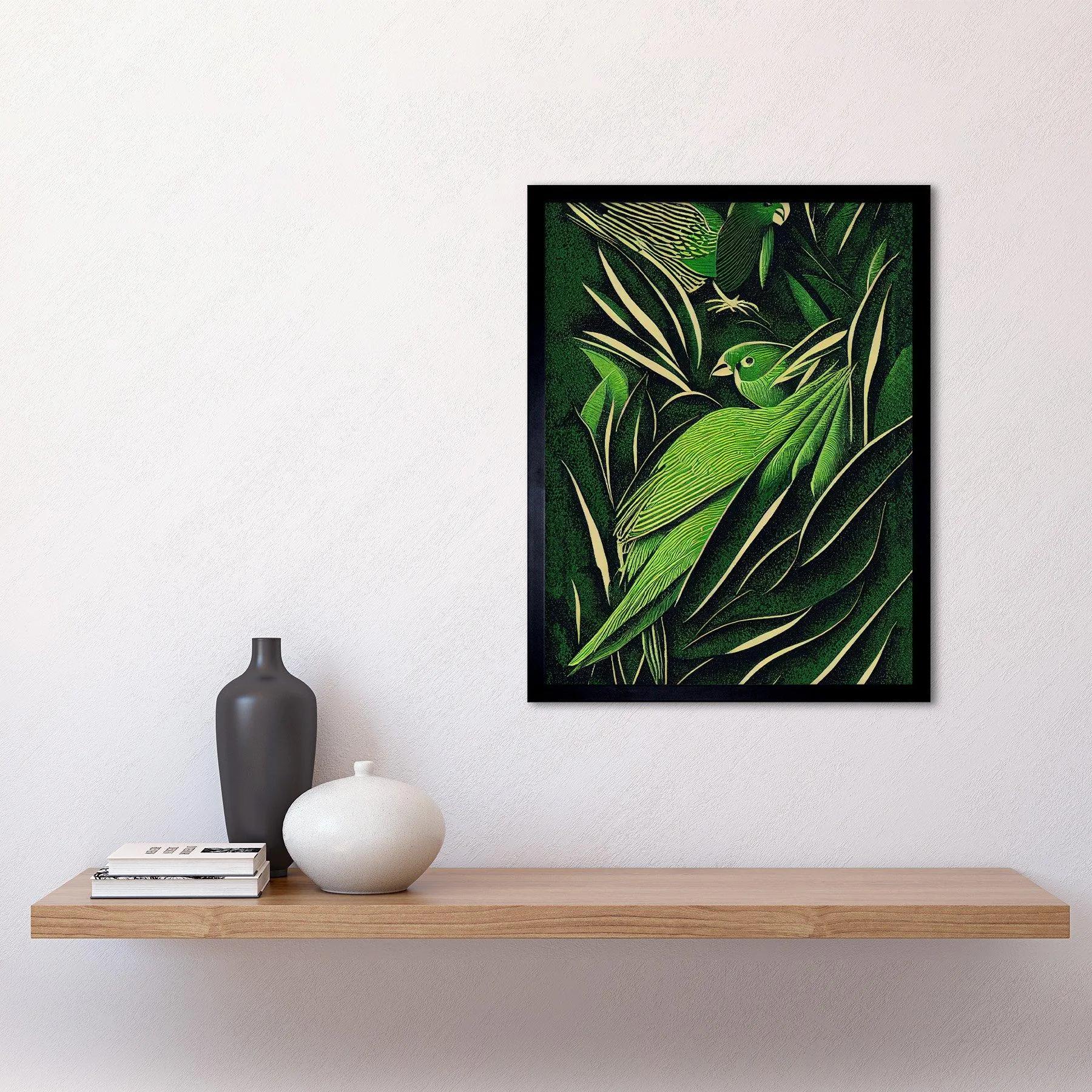 Wall Art & Pictures | Wall Art Print Green Modern Vintage Retro Abstract Jungle Tropical Leaves Parrots Art Framed | Artery8