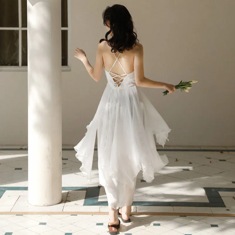 White Chiffon High Low Chic Simple Wedding Party Dress, White Short Prom Dress Graduation Dress