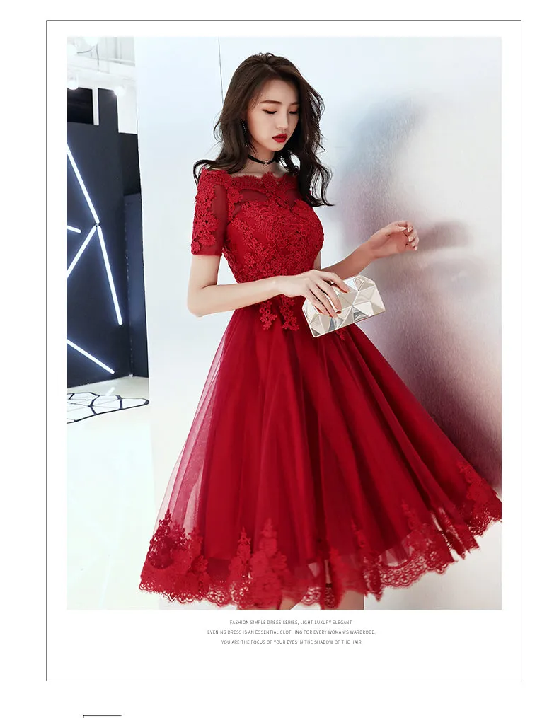 Wine Red Tulle Short Homecoming Dress with Lace Applique, Cute Prom Dress Party Dress