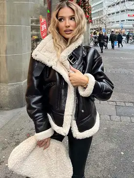 Women Motorcycle Coat Thick Warm Faux Leather Shearling Jacket Coat Vintage Classic Shearling Coat