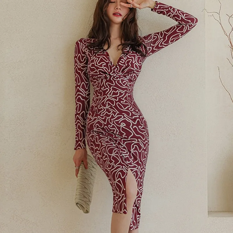 Women Vintage V-Neck Bodycon Dress 2021 Autumn Ladies Print Midi Vestidos Elegant Female Slit Dresses