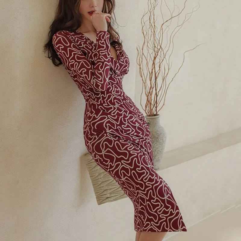 Women Vintage V-Neck Bodycon Dress 2021 Autumn Ladies Print Midi Vestidos Elegant Female Slit Dresses