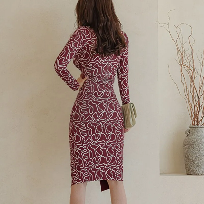 Women Vintage V-Neck Bodycon Dress 2021 Autumn Ladies Print Midi Vestidos Elegant Female Slit Dresses