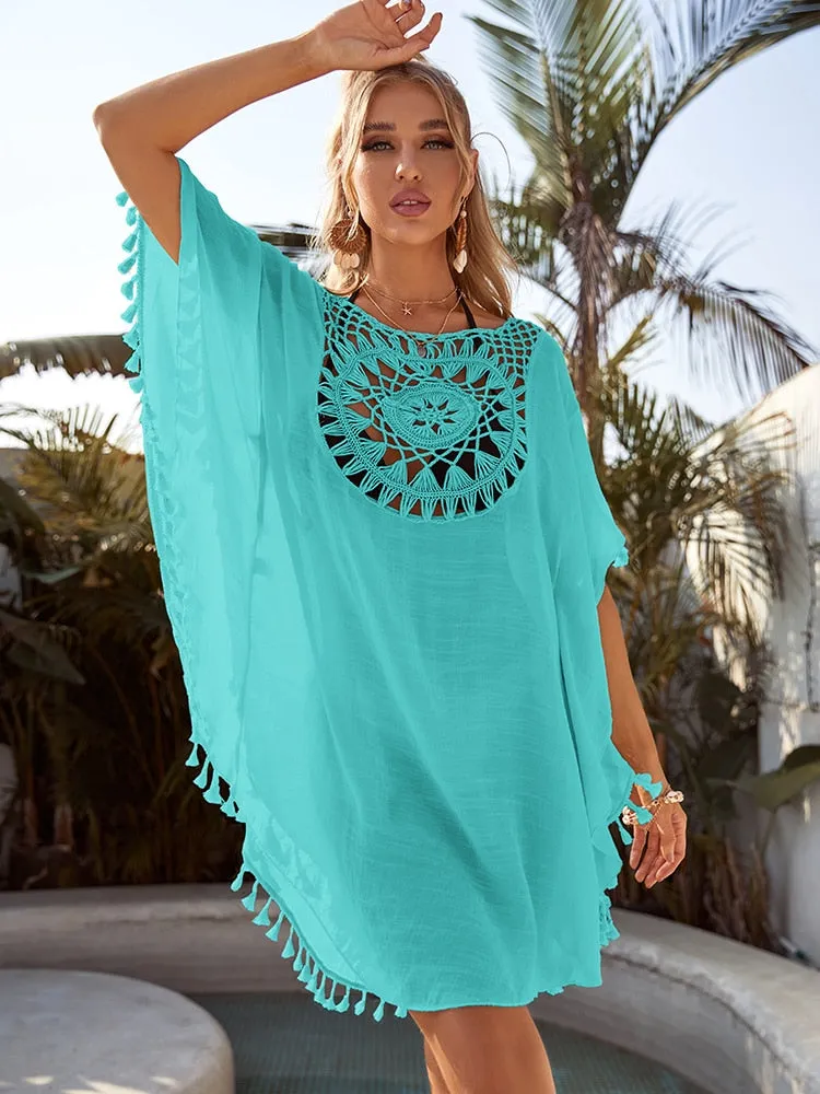 Women's Sexy Summer Hollow Tunic Fringe Crochet Bikini Cover Up